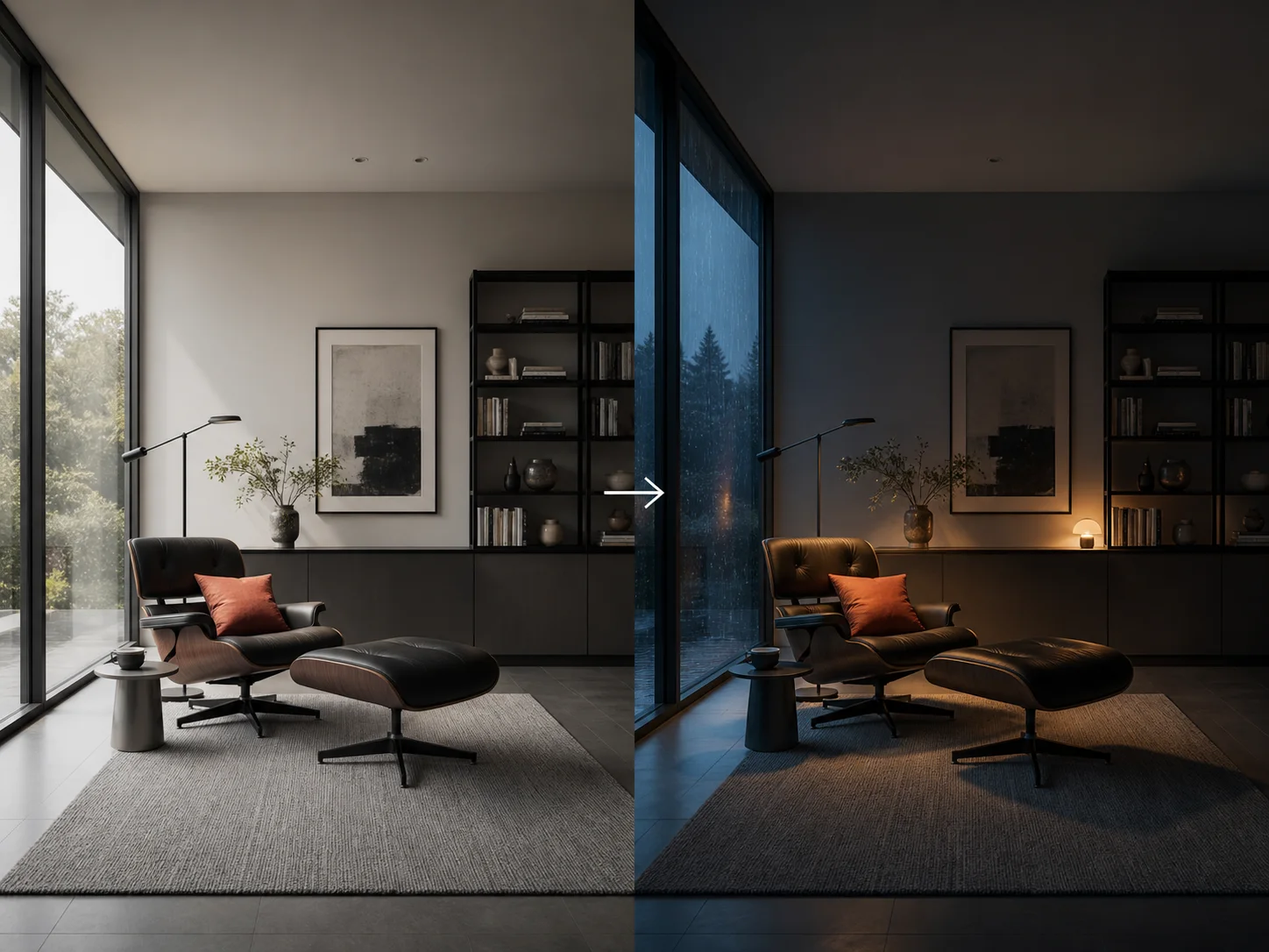 Reading room transformed from midday into a rainy evening while preserving the layout