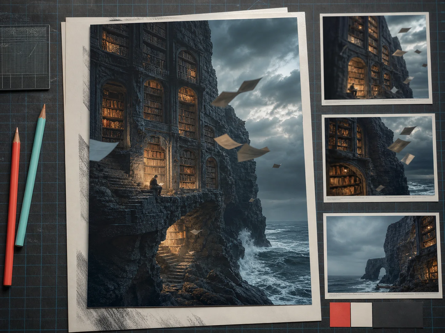 Editorial concept of an impossible library carved into a stormy sea cliff