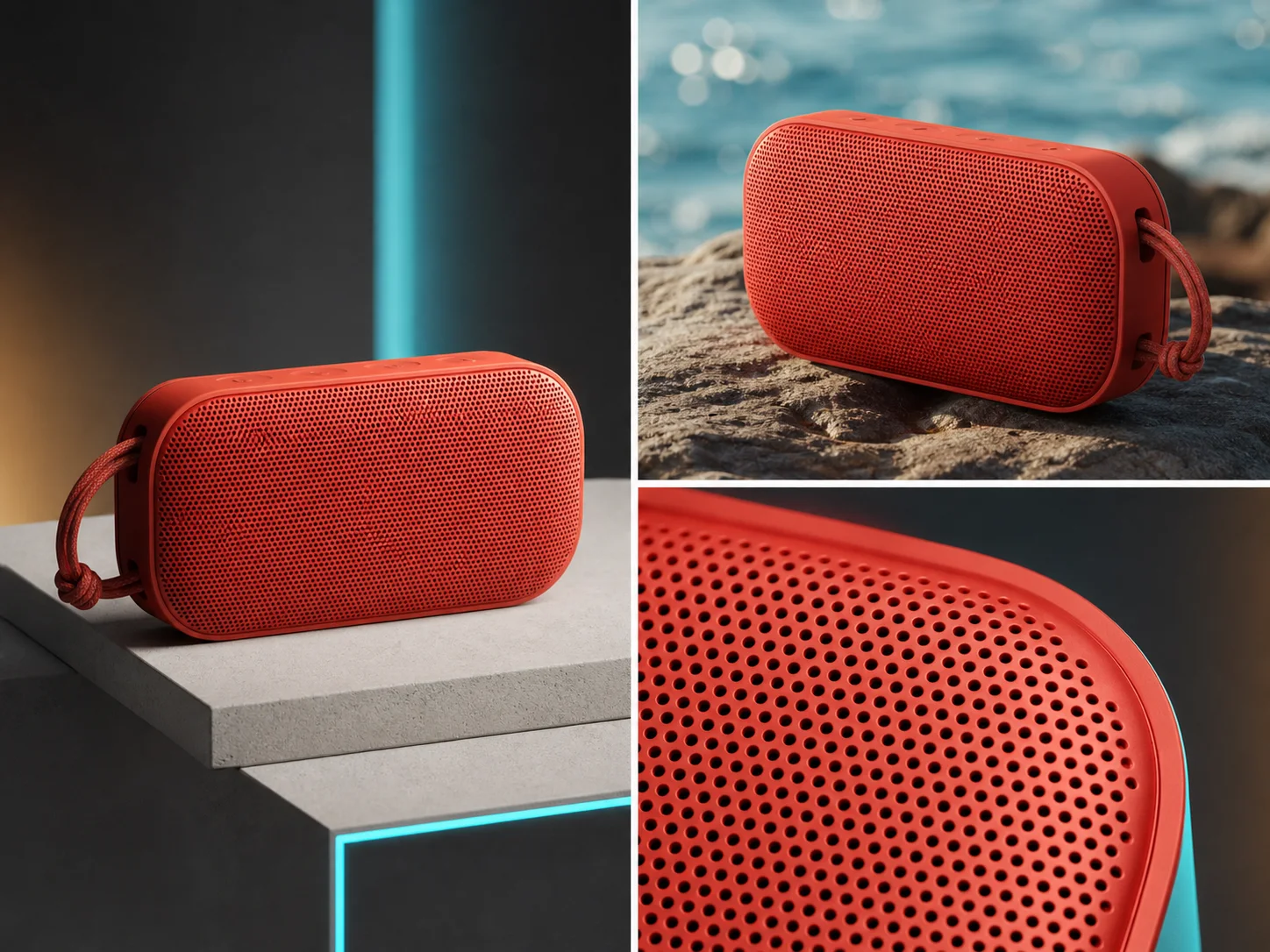 Consistent coral portable speaker shown in hero, outdoor, and material-detail campaign frames
