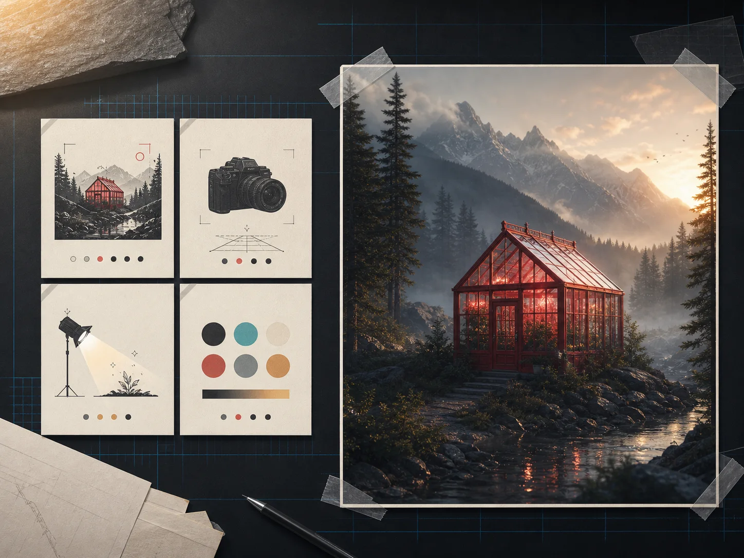 Detailed visual brief leading to a finished red greenhouse scene for Flux Dev