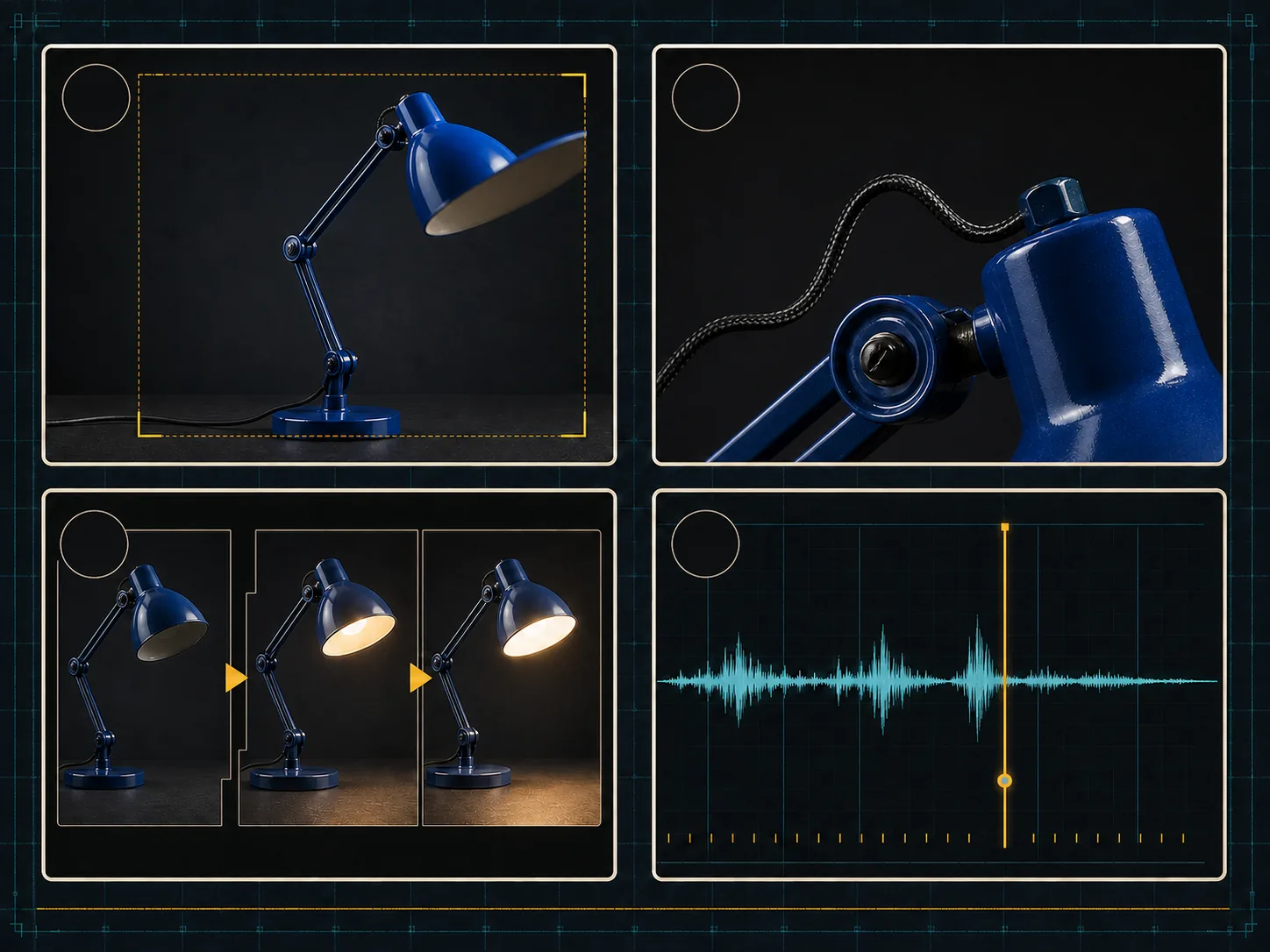 Unchecked desk-lamp review board with crop, cable, motion, and audio-timing problems
