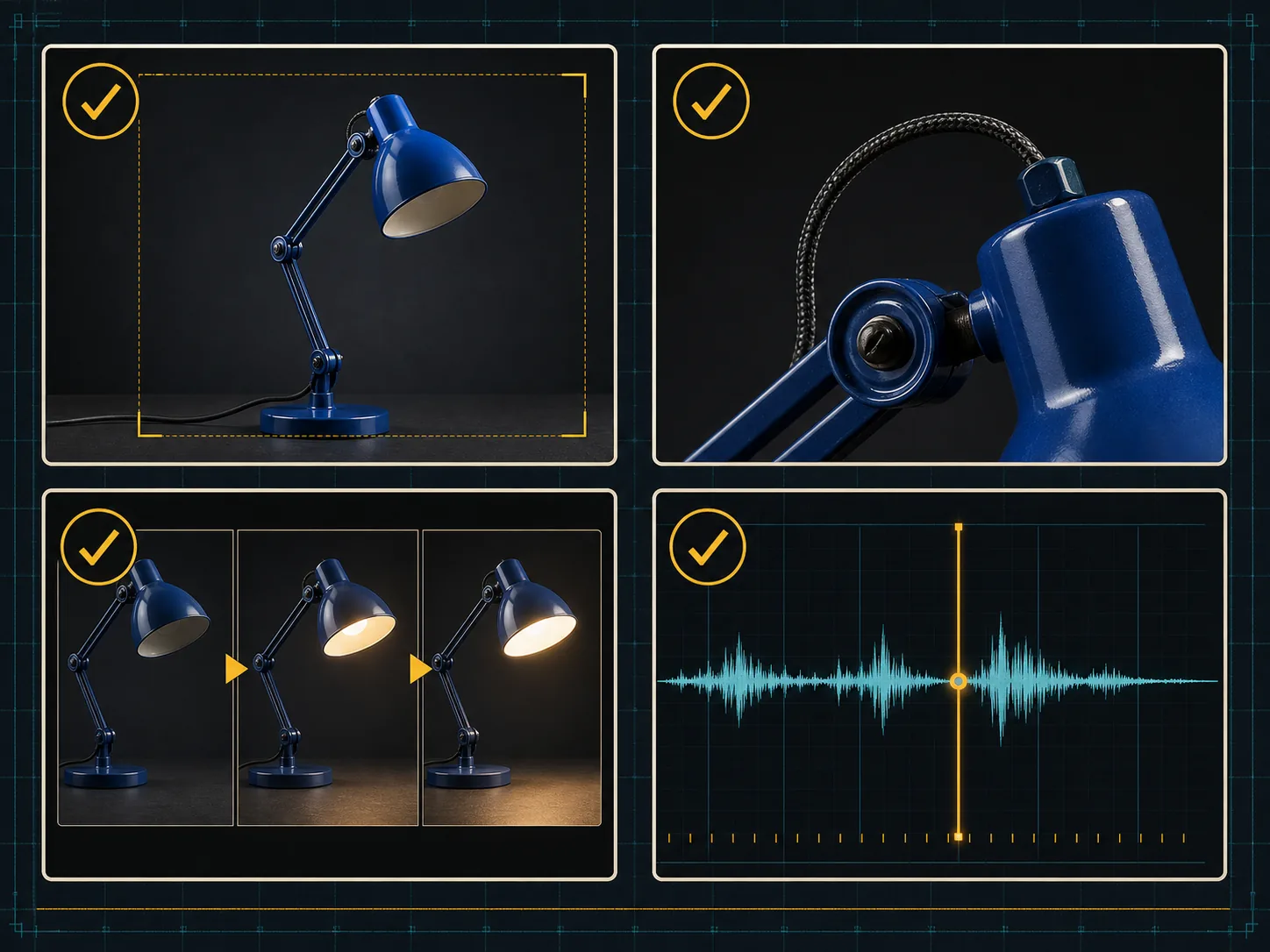Recommended desk-lamp review board checking crop, details, motion, and waveform timing