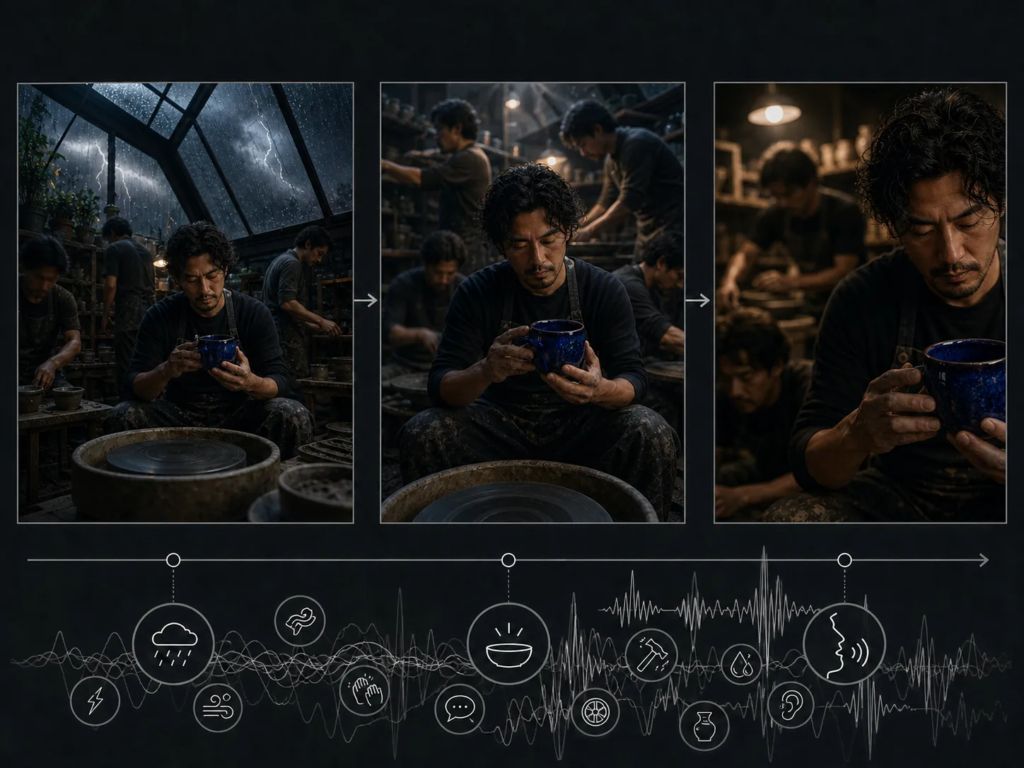 Overloaded potter storyboard with conflicting action and crowded audio cues