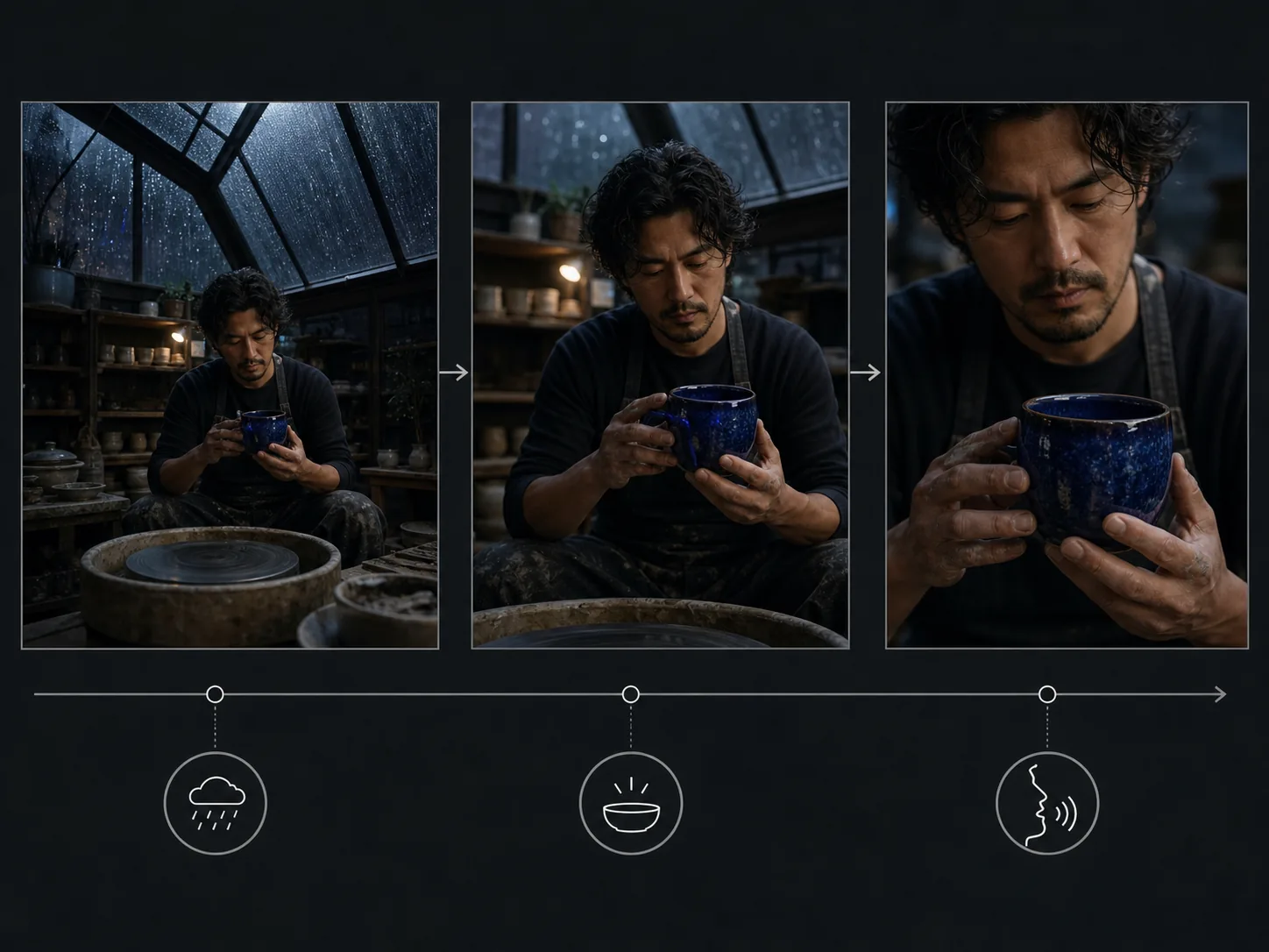 Recommended potter storyboard with one action and three aligned sound cues