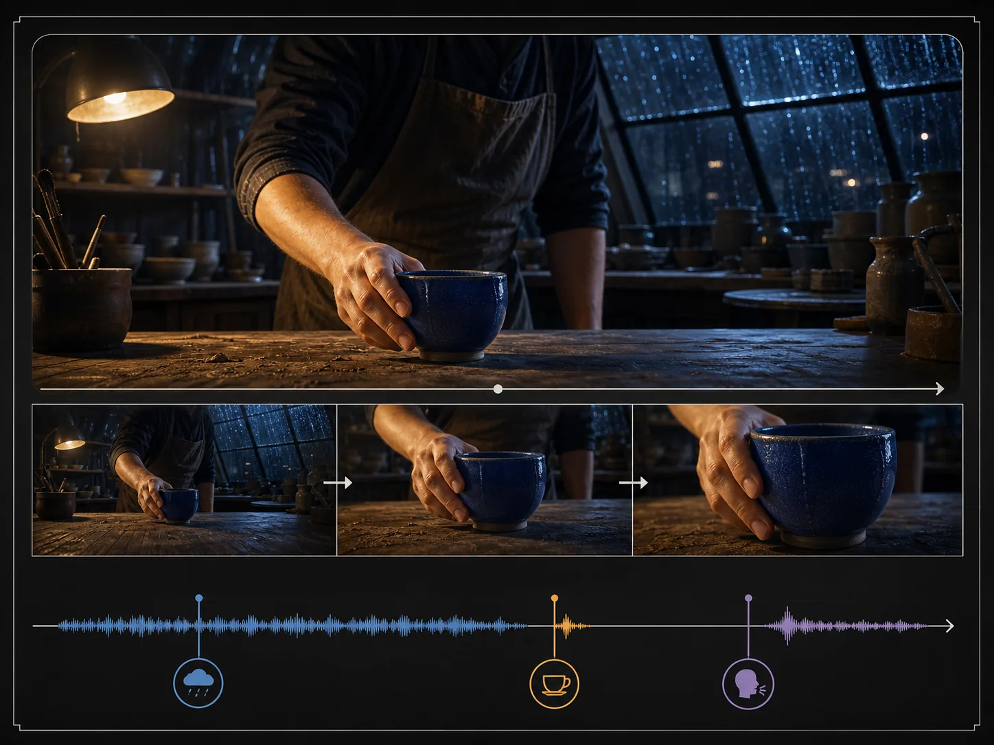 Potter and cobalt cup storyboard aligned with rain, ceramic, and voice sound cues