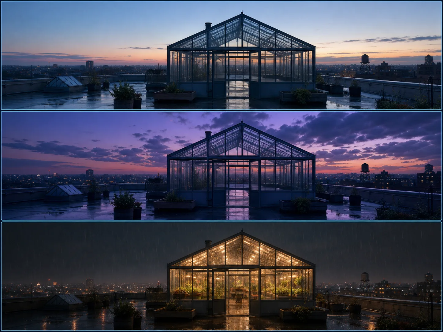 Rooftop greenhouse moving from dawn through twilight to rainy night in matched frames