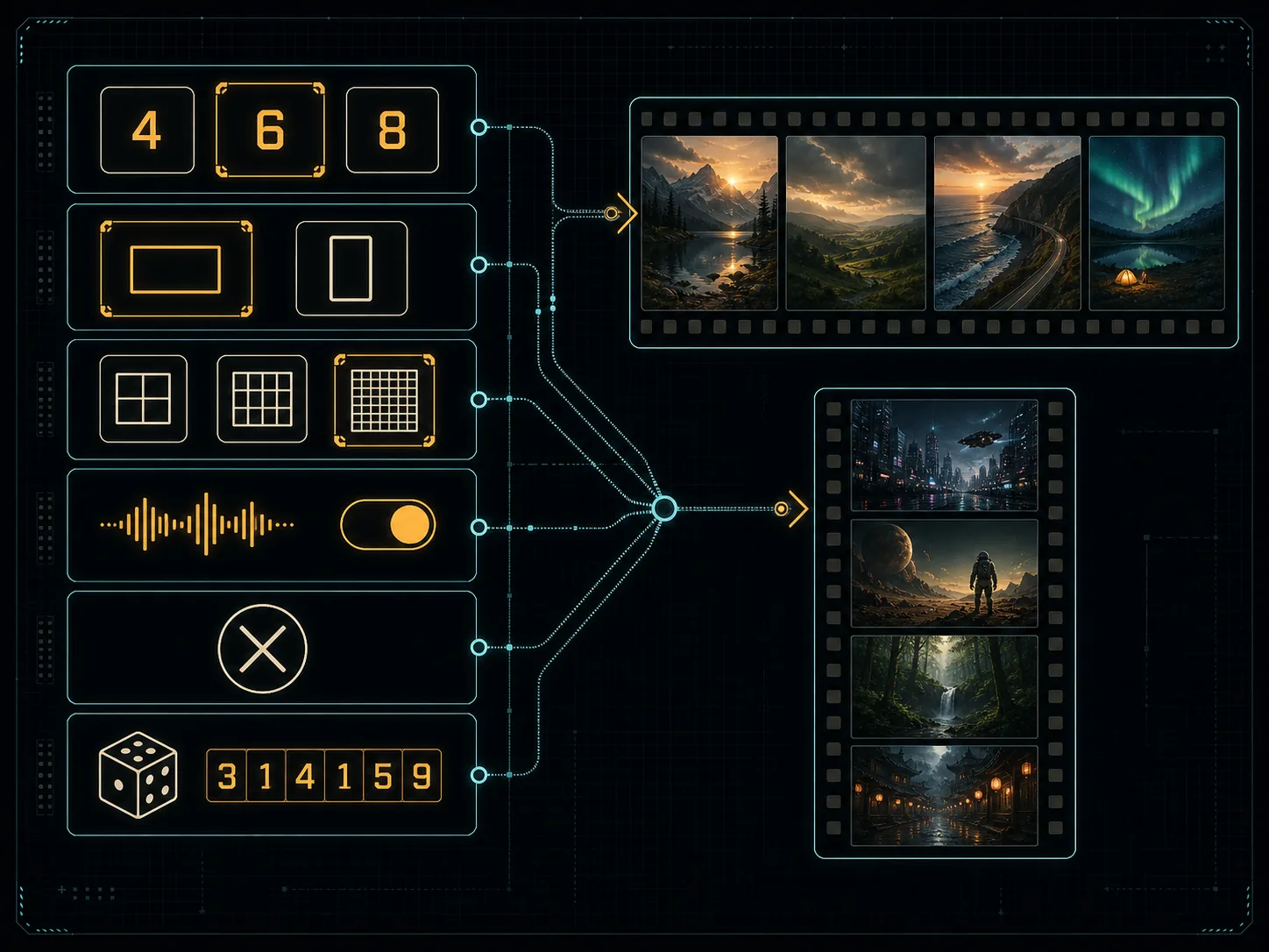 Duration, frame shape, resolution, audio, negative-prompt, and seed control diagram
