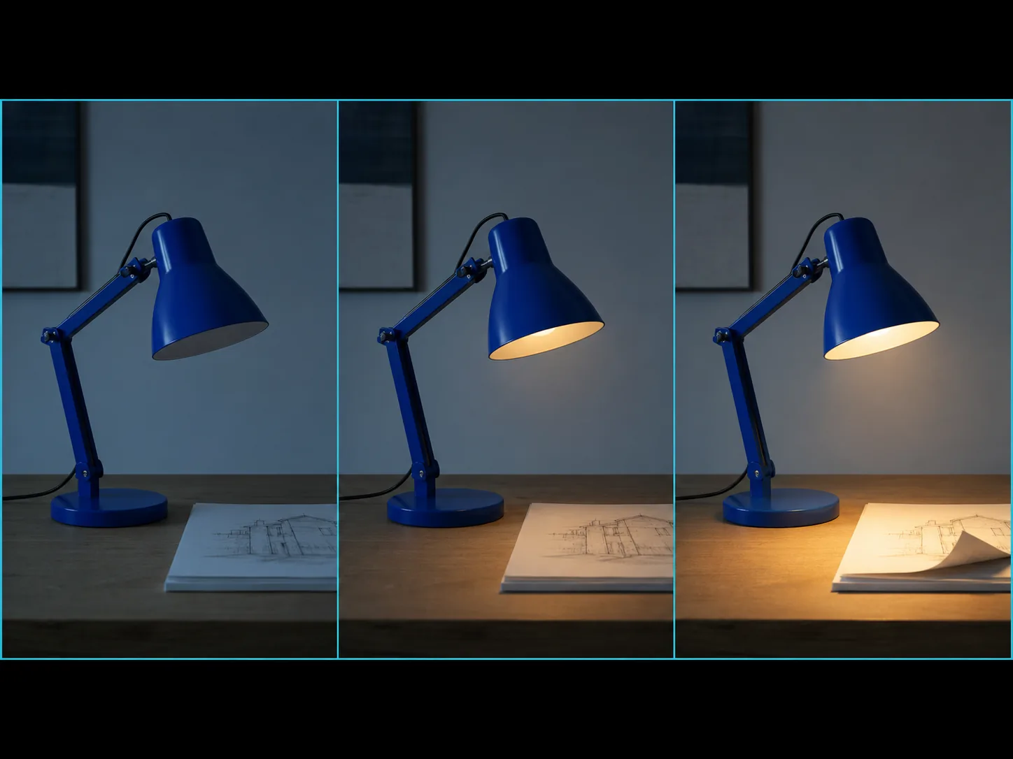 Same cobalt desk lamp across start, middle, and ending animation-planning frames