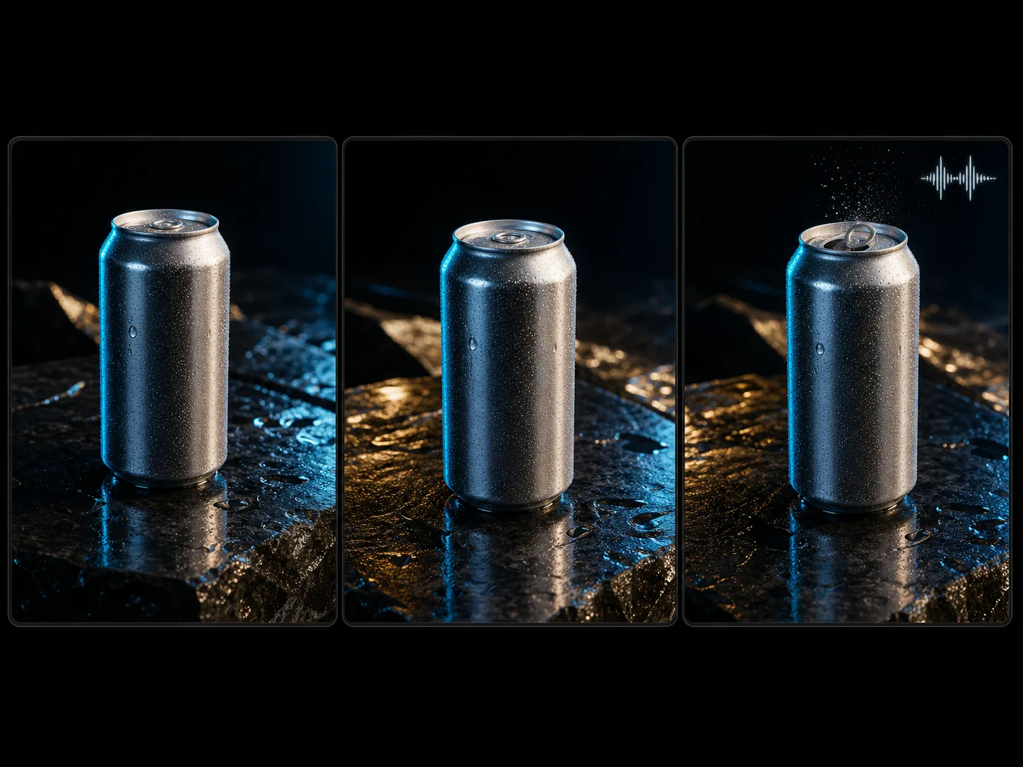 Three matched frames of an unbranded beverage can concept with a timed opening sound cue