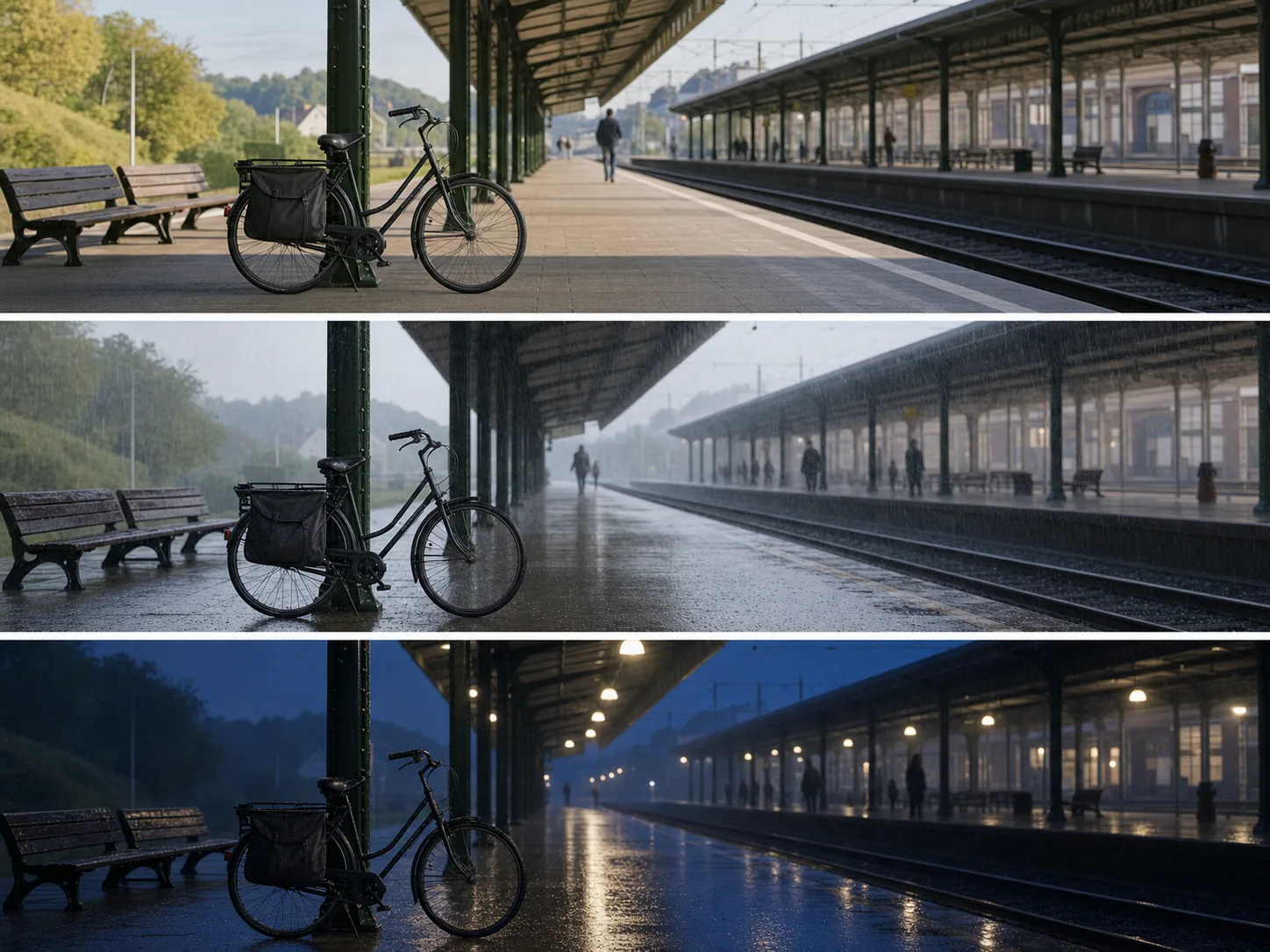 Courier bicycle station scene changing from dry daylight to evening rain in matched frames