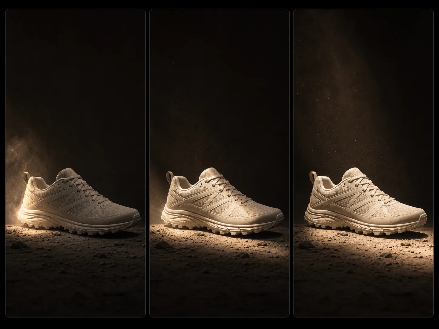 Unbranded trail shoe kept consistent across three vertical product-reveal frames