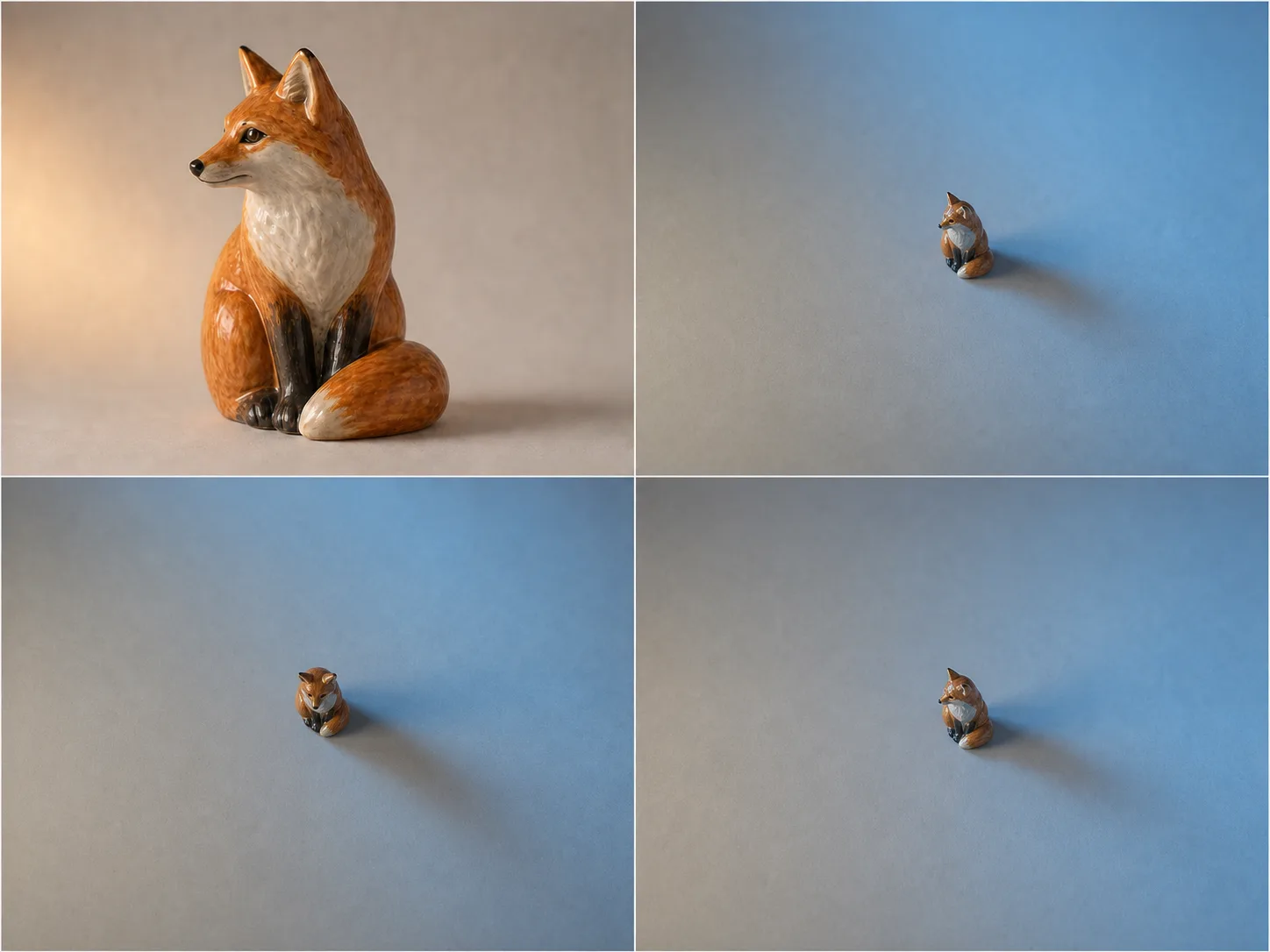 Avoid ceramic fox endpoints with an abrupt scale, viewpoint, and lighting mismatch