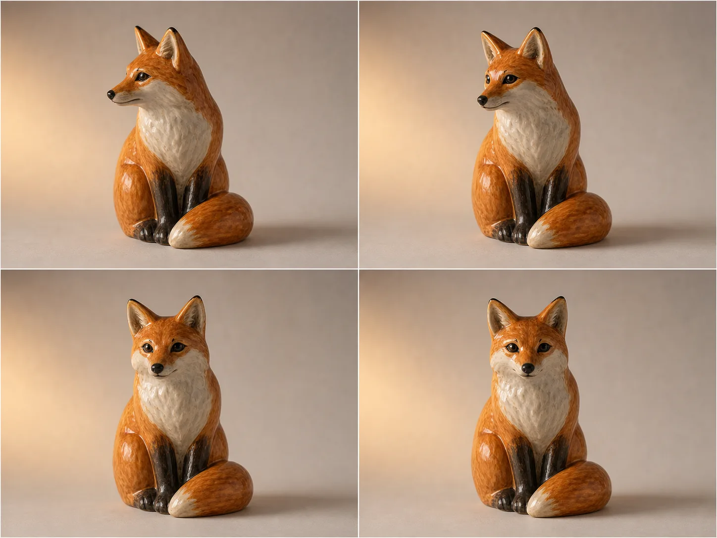 Recommended ceramic fox endpoints with matching scale, viewpoint, geometry, and light