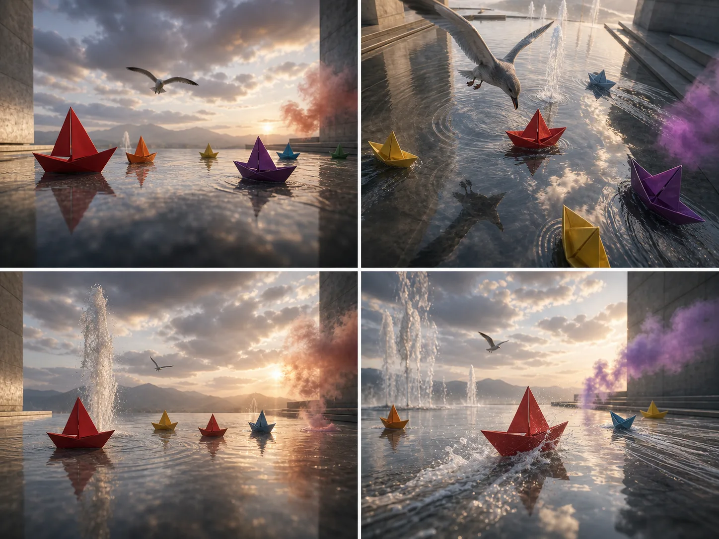 Avoid storyboard crowded with several boats, birds, fountains, smoke, and changing views