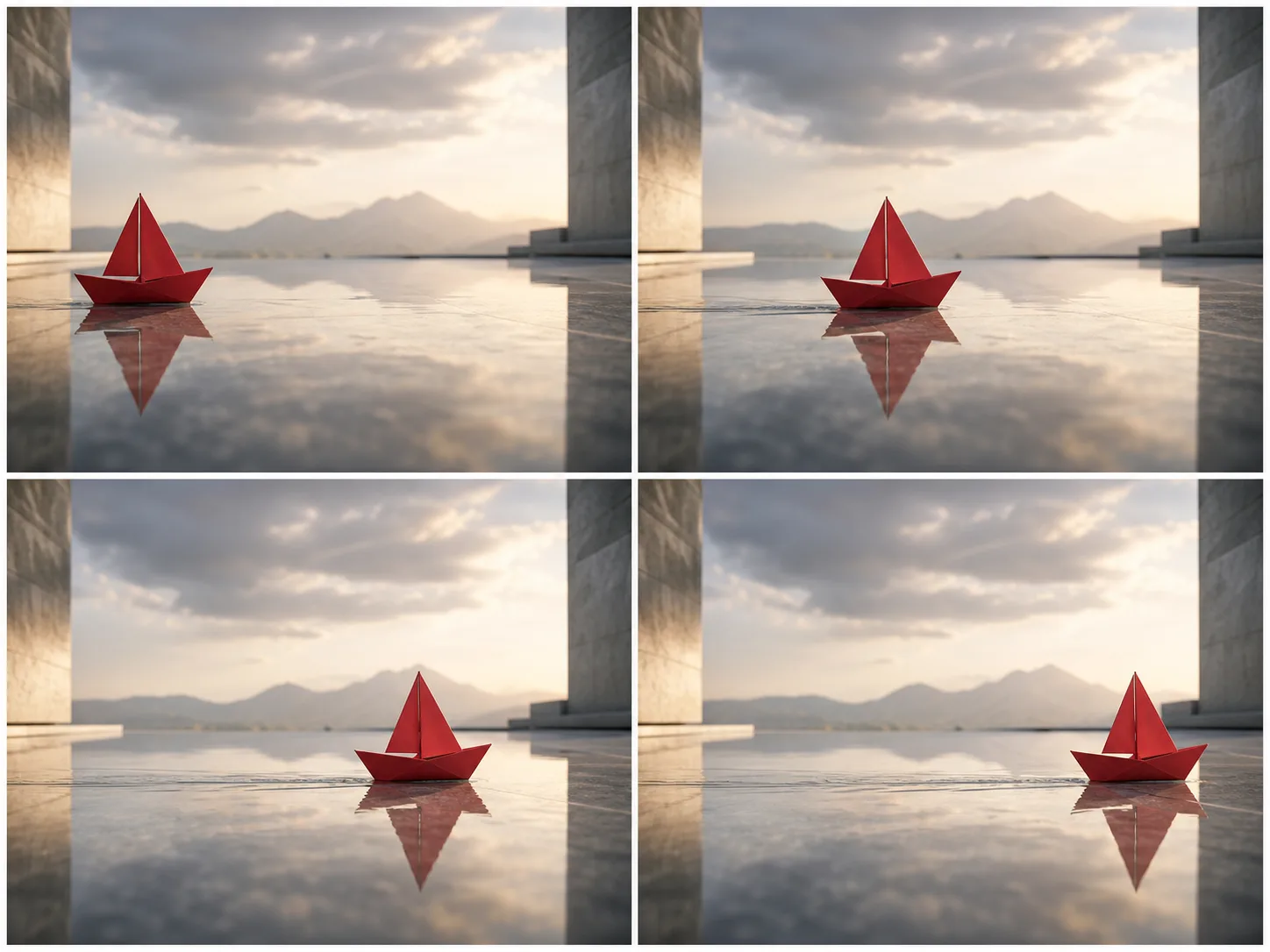 Recommended storyboard with one red paper sailboat following one motion path