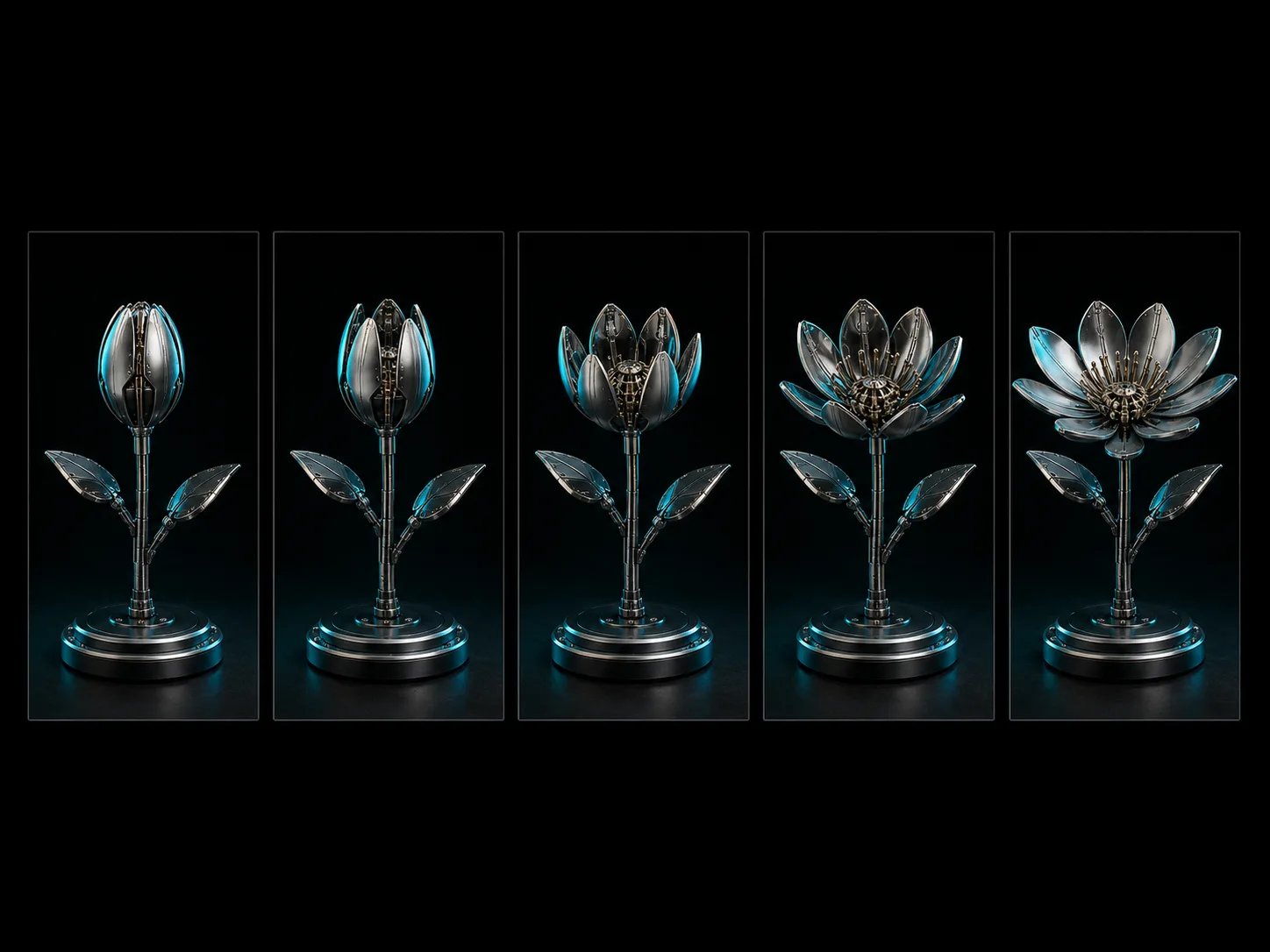 Illustrative mechanical flower shown from a closed first frame through an open last frame