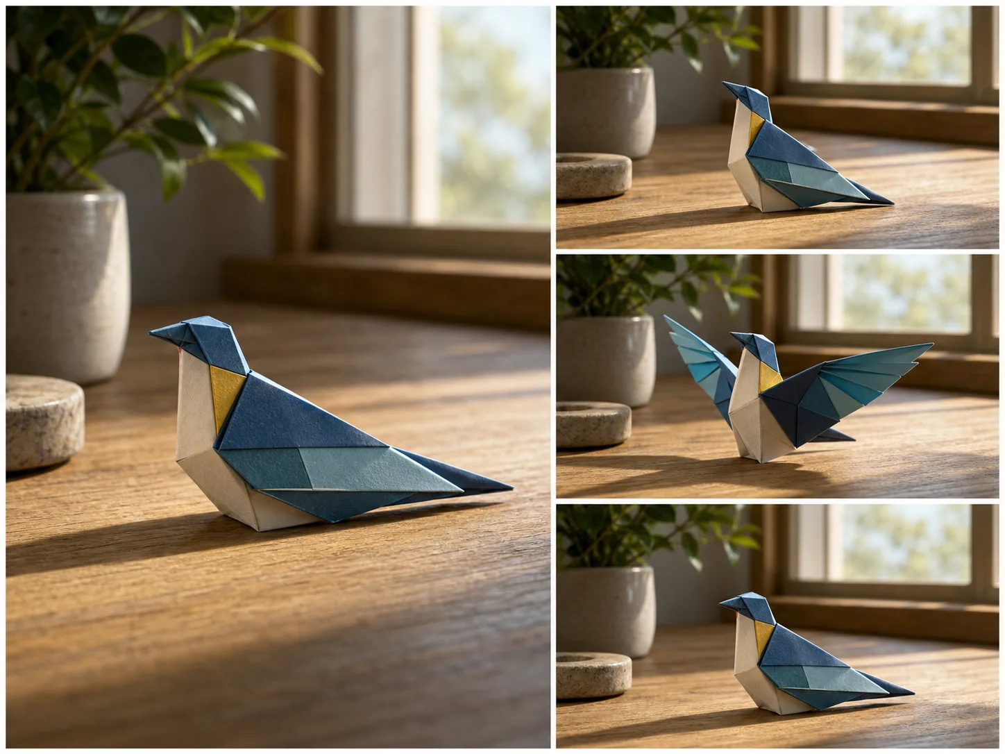 Illustrative paper bird source image beside three planned animation frames