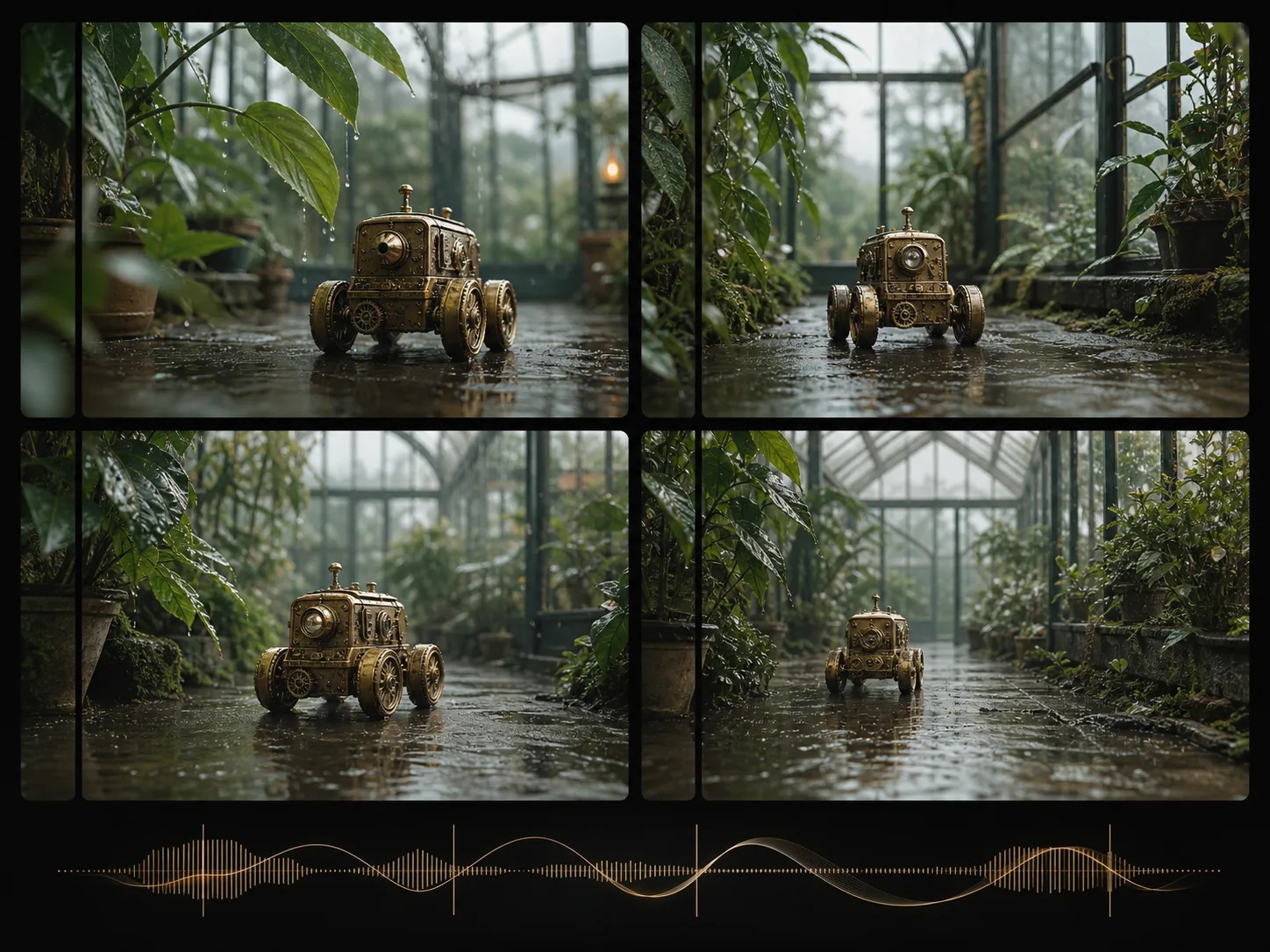 Illustrative greenhouse rover storyboard with a waveform motif for text-to-video planning