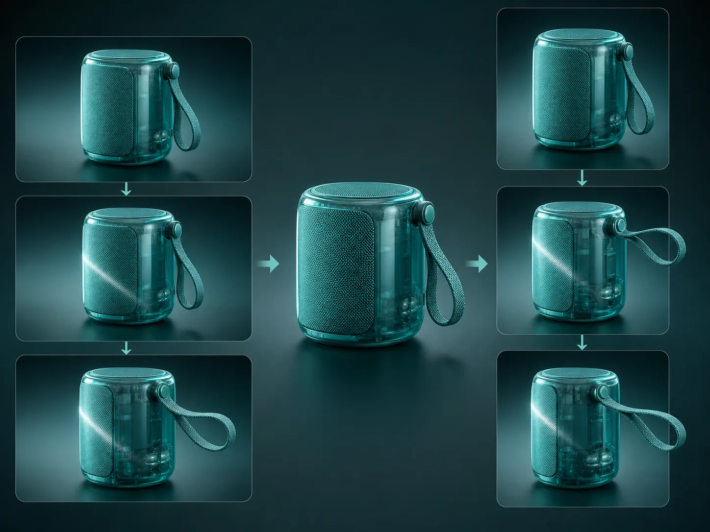 Illustrative horizontal and vertical motion storyboards based on one fictional teal speaker