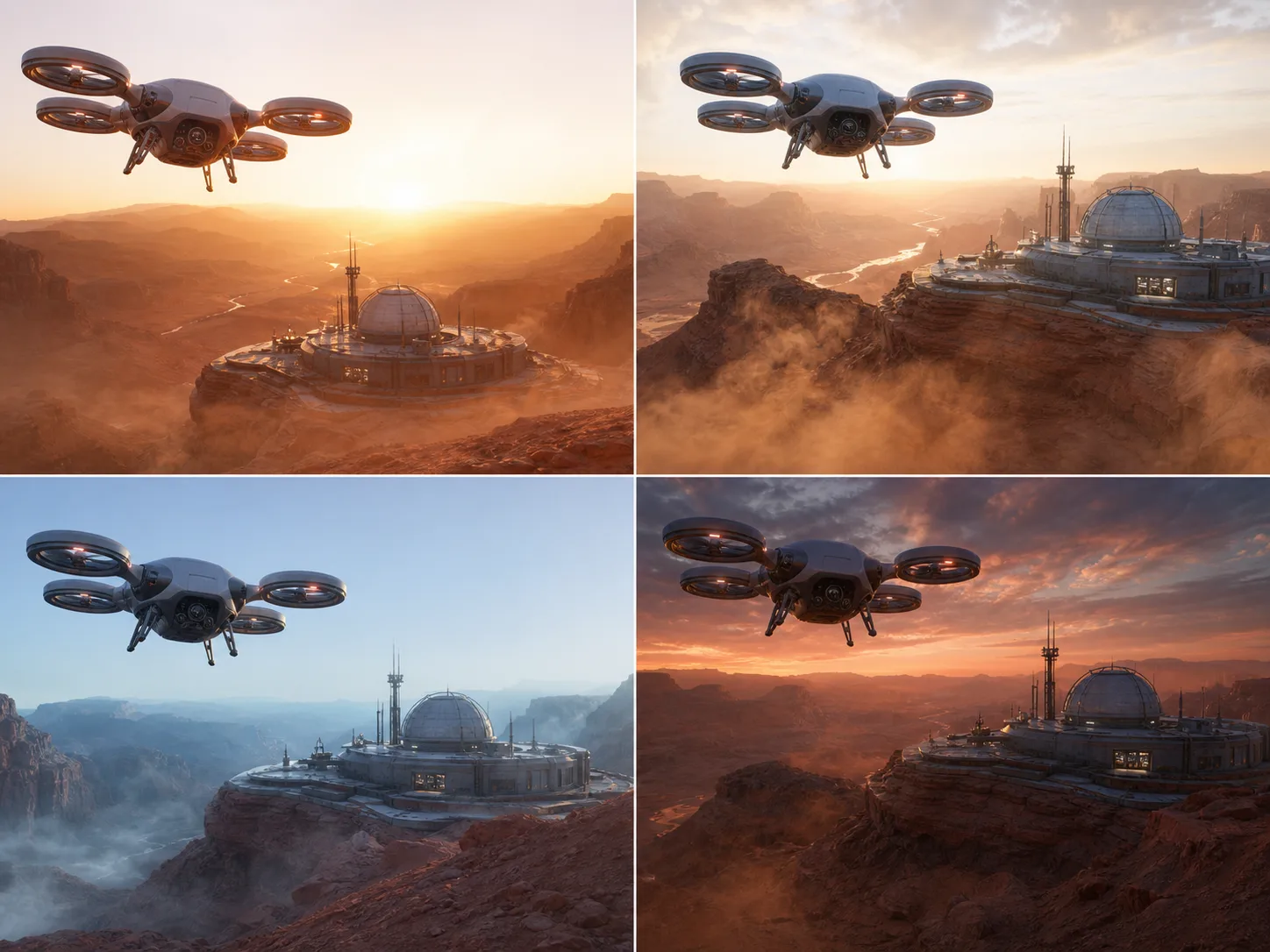 Four illustrative camera and atmosphere directions for one fictional canyon drone concept