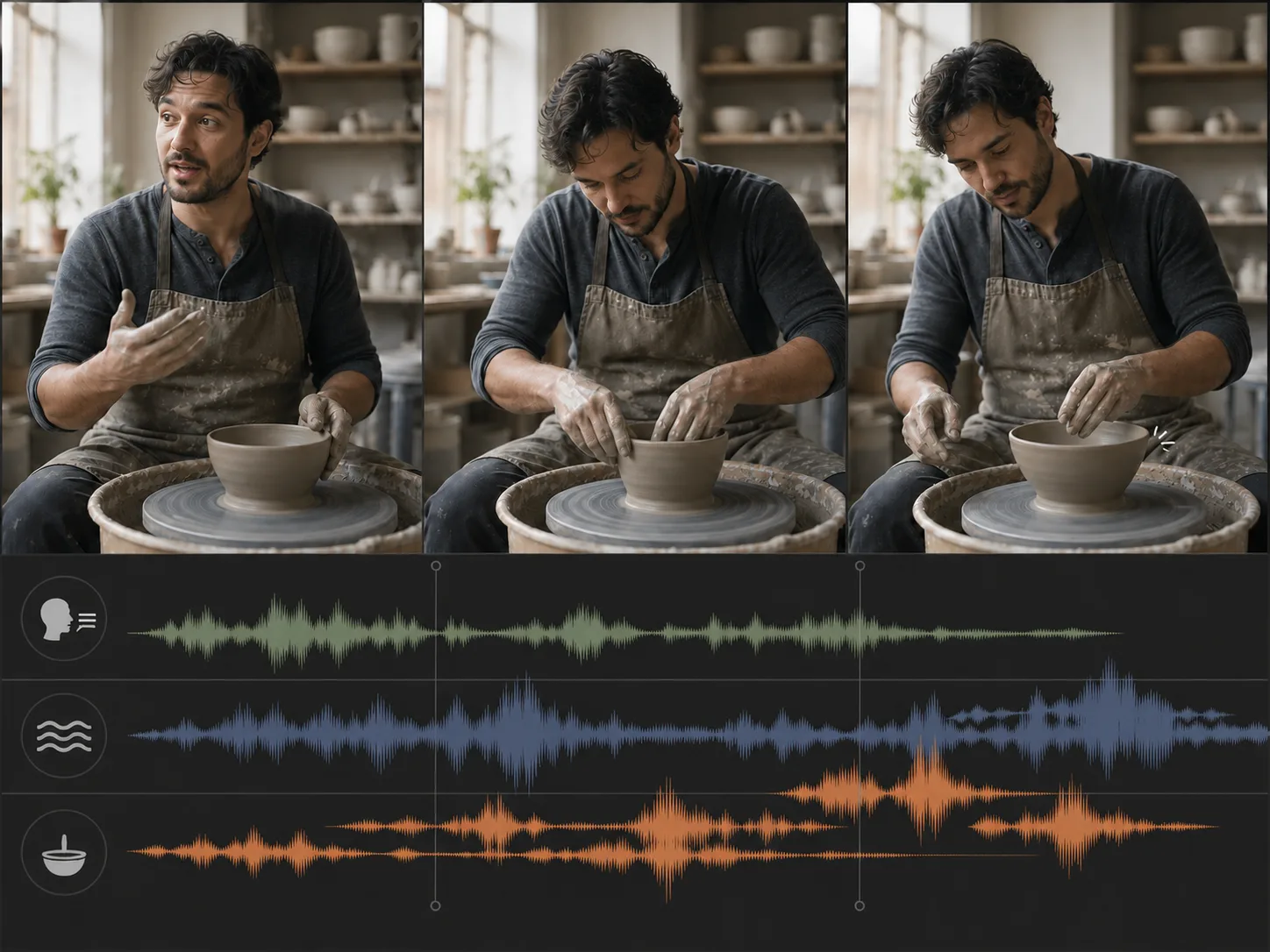Same ceramics scene with overlapping and disordered audio cue lanes