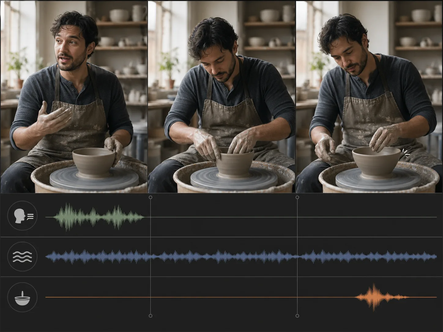 Ceramics scene with distinct speech, room ambience, and final tap cue lanes