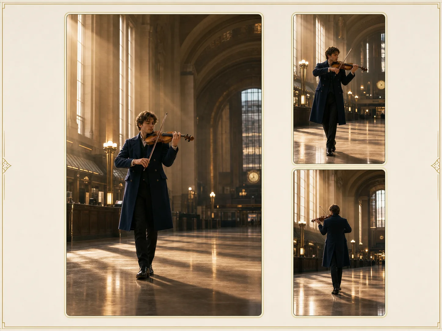 Violinist and instrument kept fully readable in purpose-built vertical frames