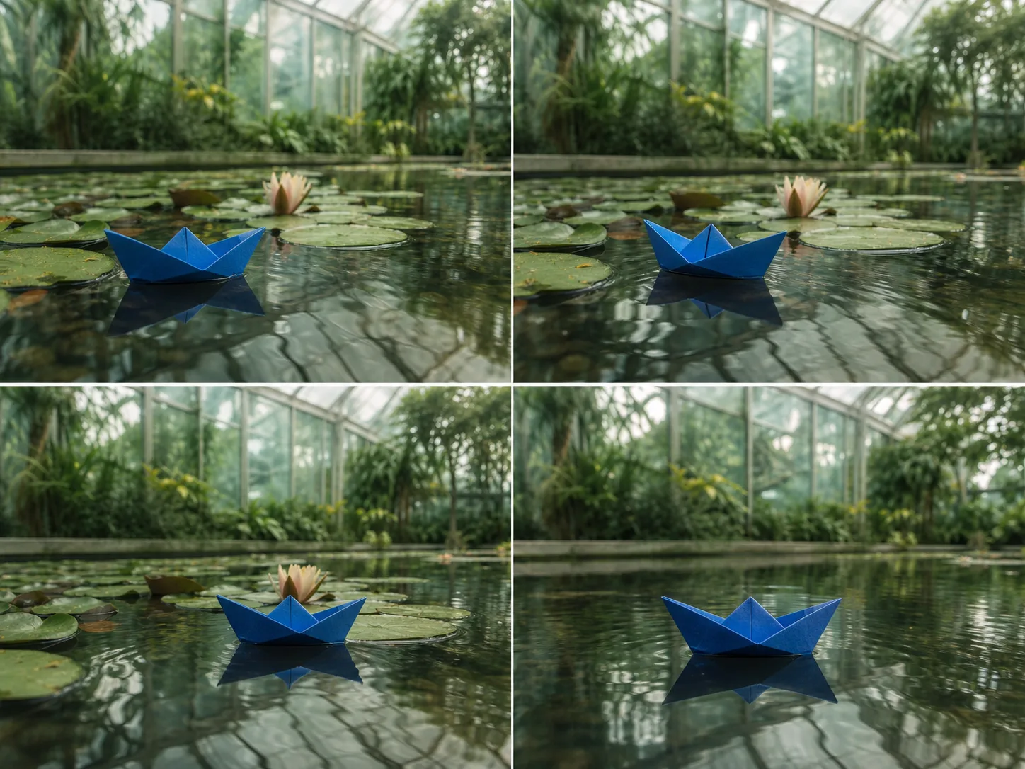 Cobalt origami boat following a plausible path between compatible endpoint frames