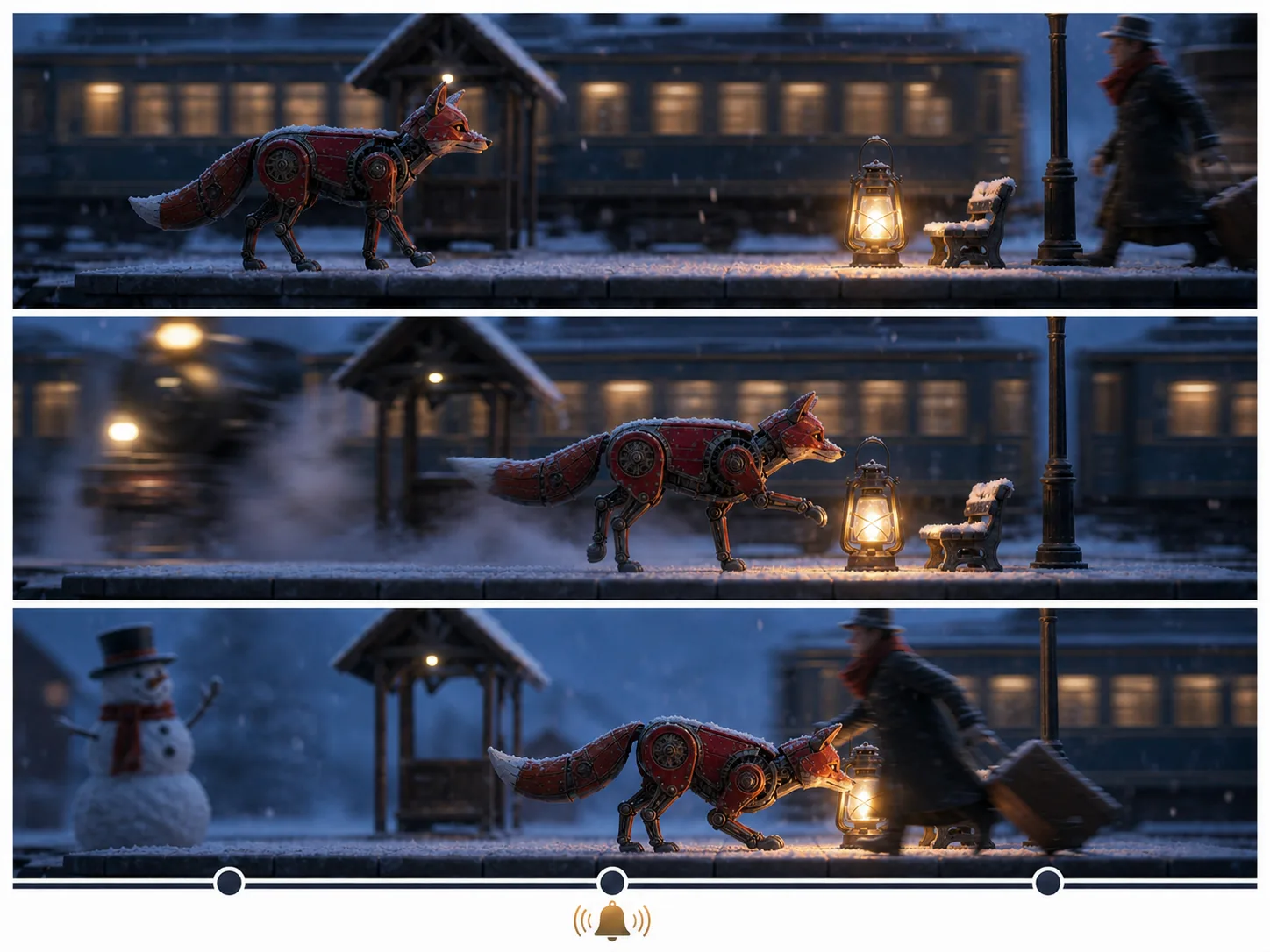 Same snowy fox scene disrupted by passing figures, a train, and conflicting motion