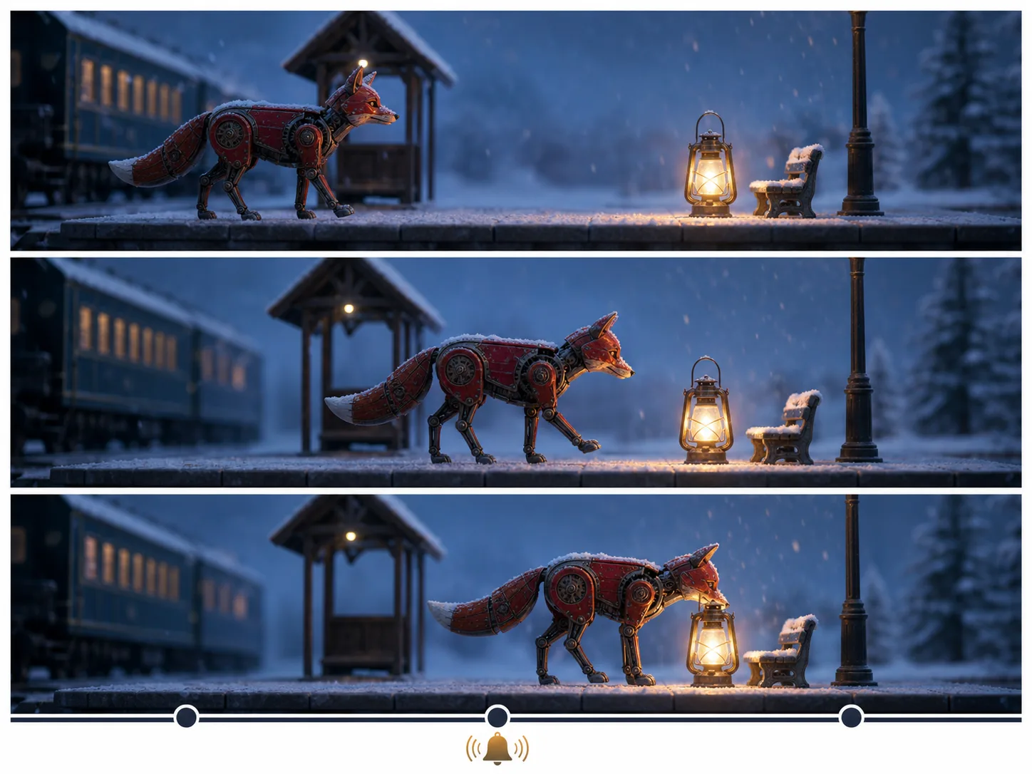 Clockwork fox following one action and one camera move toward a lantern