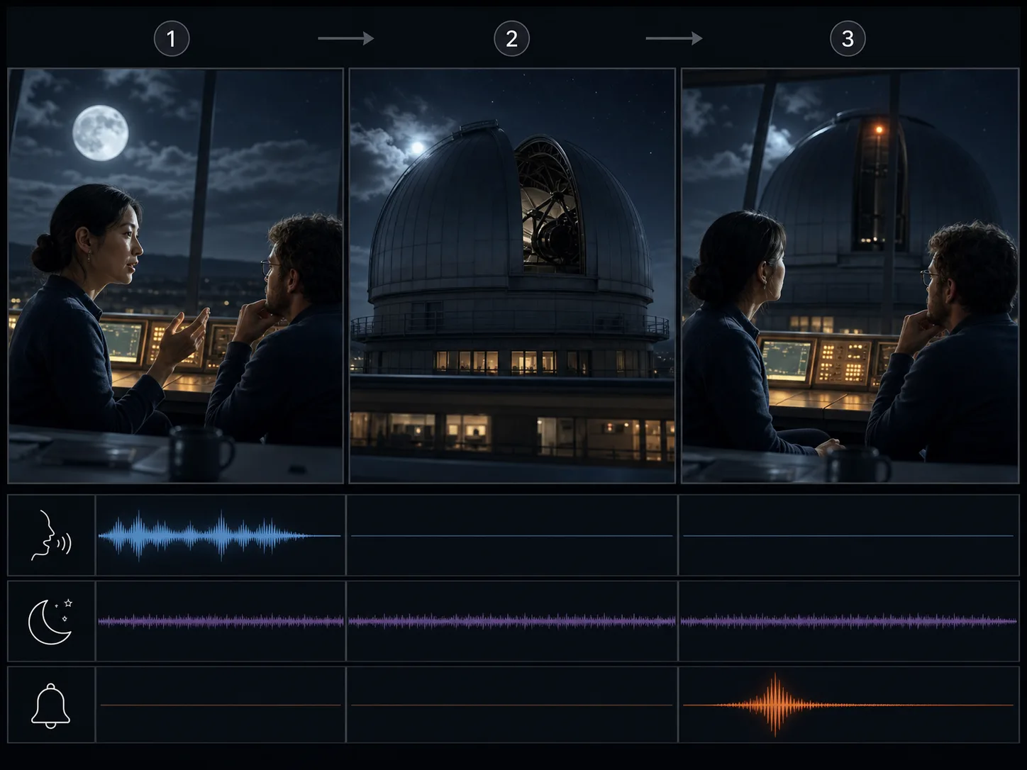 Moonlit observatory storyboard with one speaker, continuing ambience, and a final warning chime