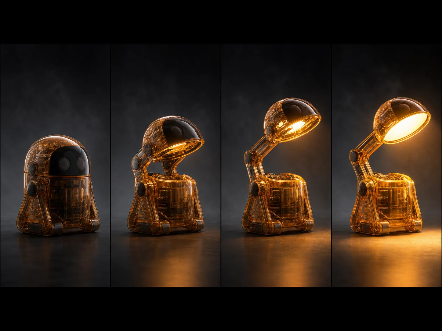 Amber robot lamp moving through compatible closed, unfolding, and fully lit endpoint frames