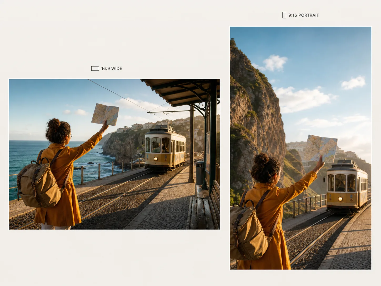 The same coastal tram scene composed intentionally for wide landscape and tall portrait video
