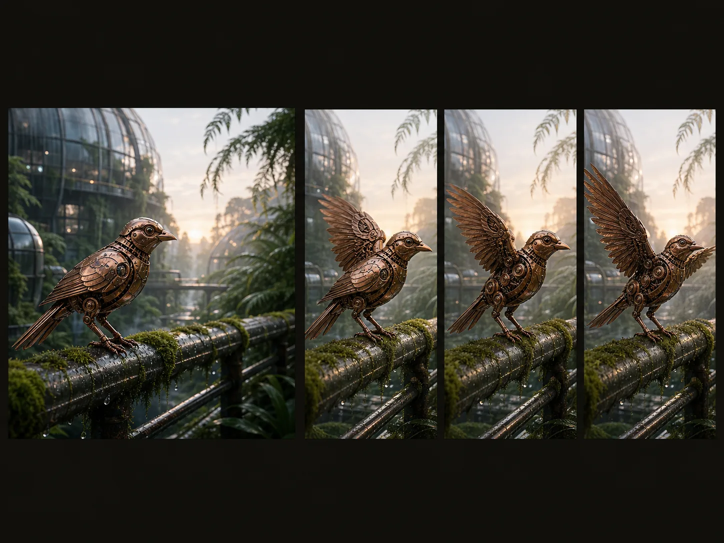 Copper mechanical bird held consistently while opening its wings during a camera arc