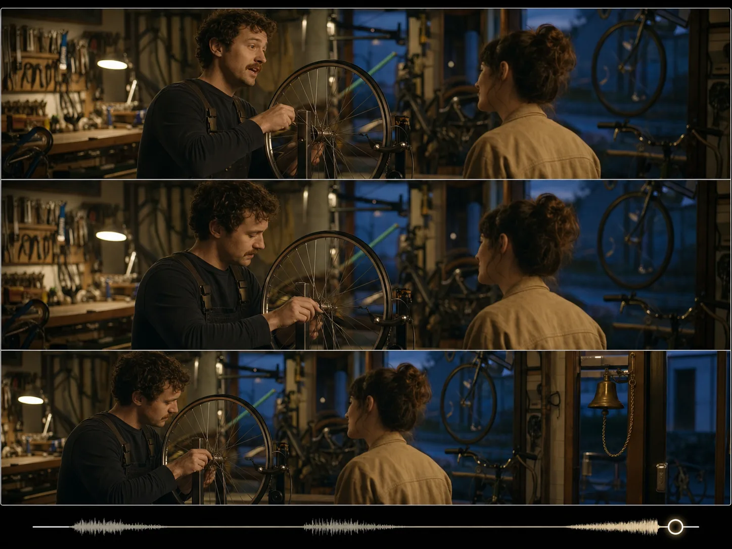 Bicycle workshop micro-scene with one speaking repairer, one action, ambience, and an ending bell