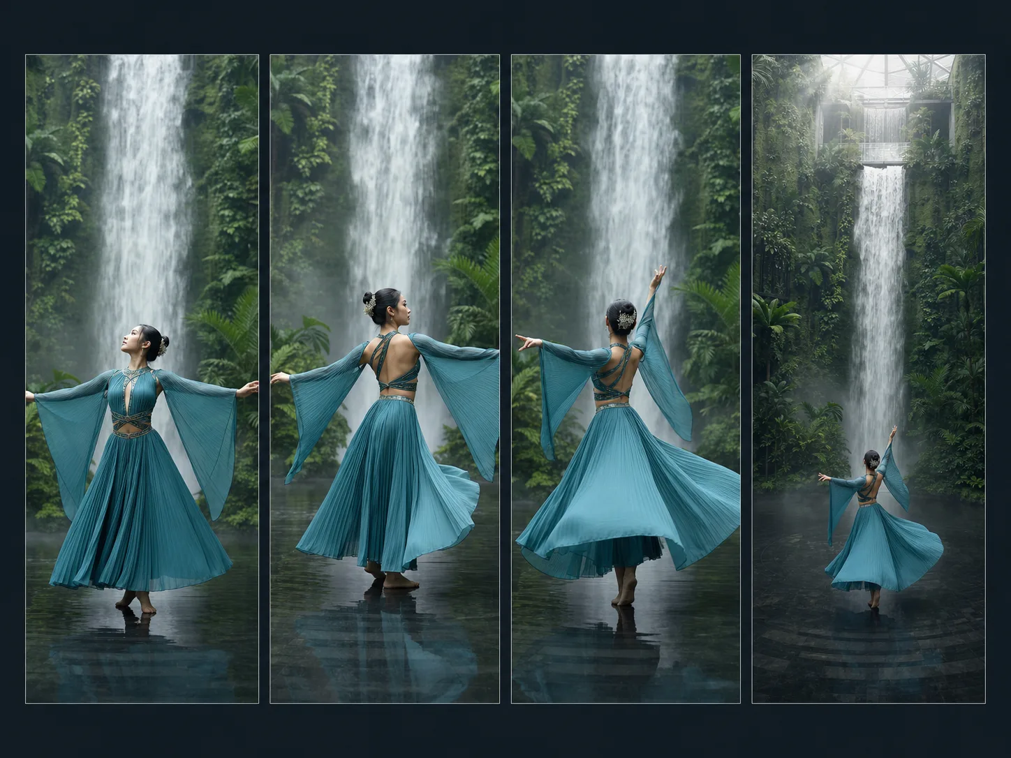 Teal-costumed dancer moving through four purpose-built portrait frames in a tall atrium