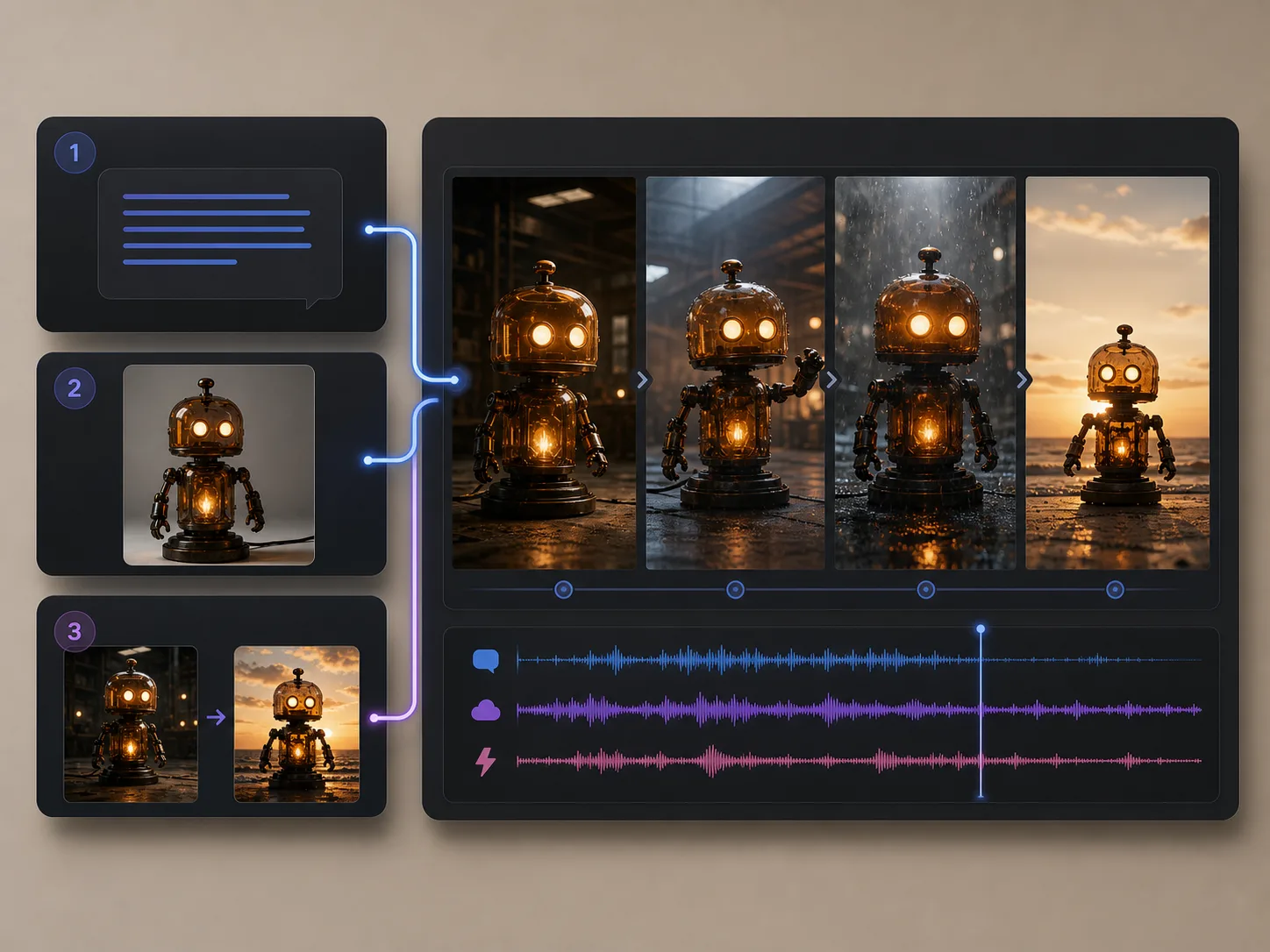 Text, start-image, and first-to-last-frame inputs leading to one short video storyboard and audio timeline