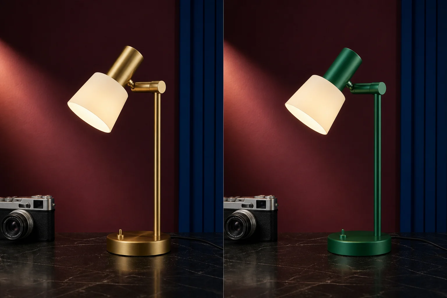 Matching desk lamp shots with only the body finish changed from brass to emerald