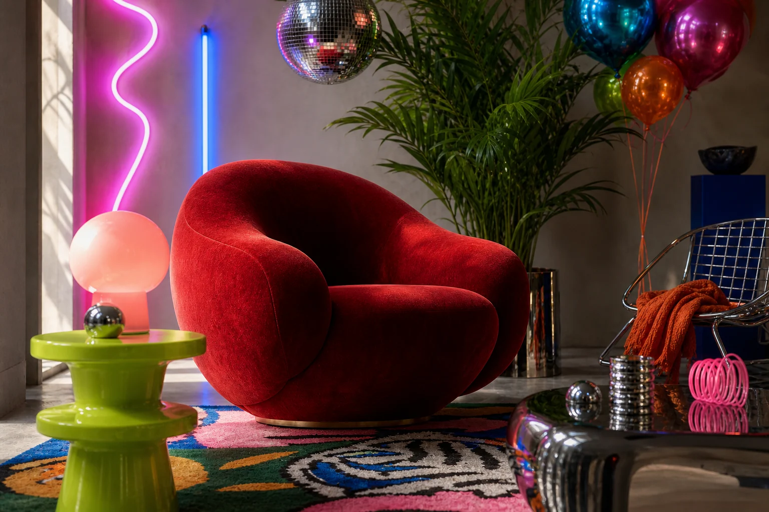 Crimson chair surrounded by conflicting props, colors, and light sources