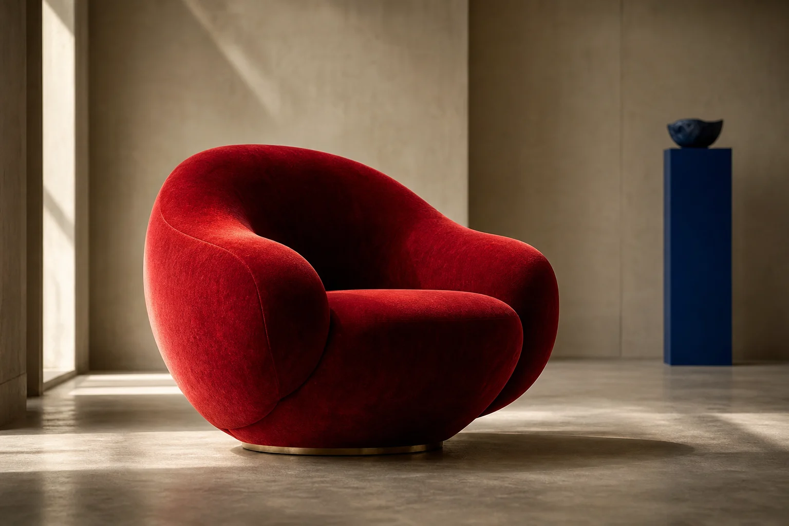 Single crimson chair shown with clear hierarchy and coherent lighting