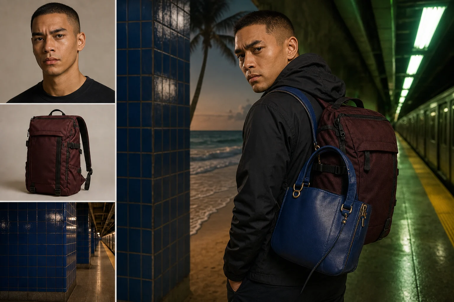Conflicting portrait, bag, subway, and beach references combined without priority