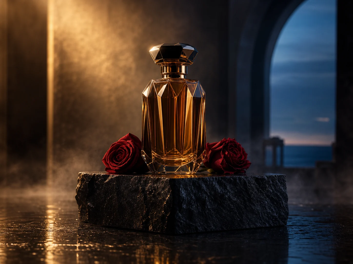 Amber perfume campaign created from a detailed subject, setting, lighting, and palette brief