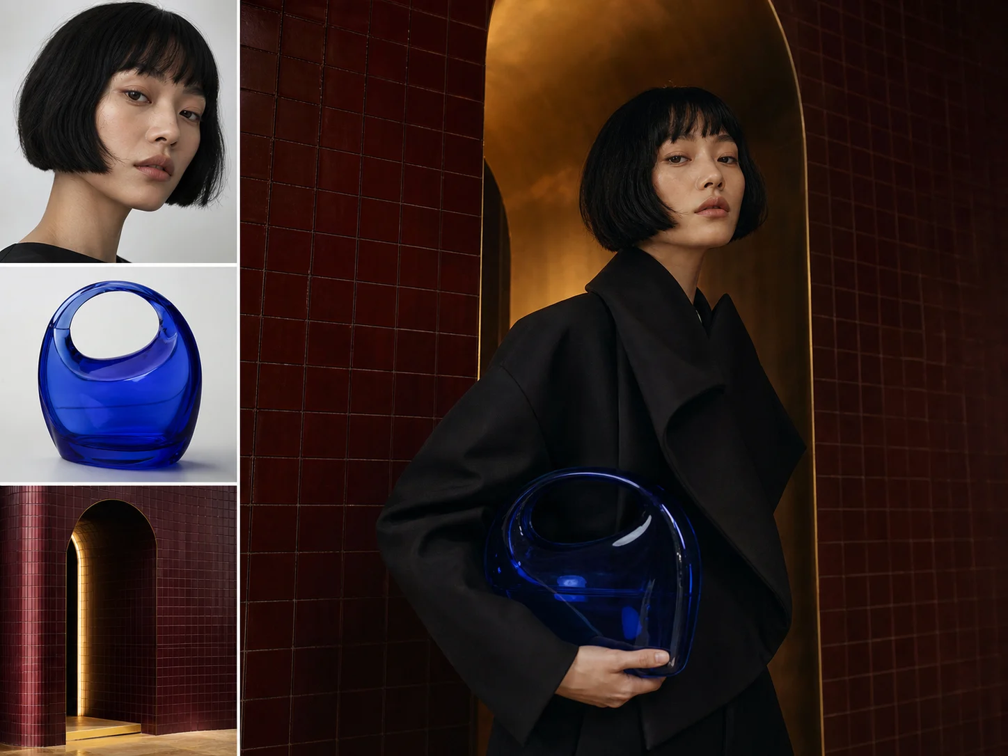 Portrait, handbag, and architecture references combined into one fashion editorial