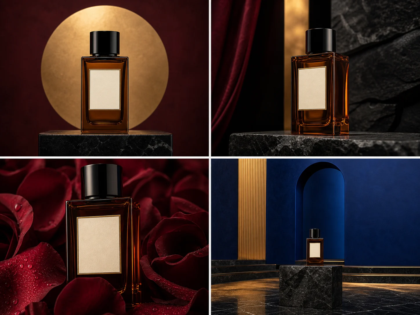 Four coordinated amber perfume campaign variations in a contact sheet
