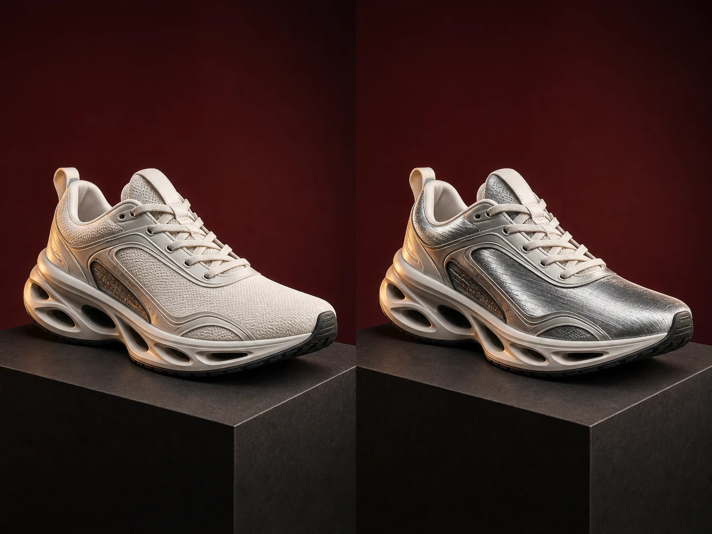 Matching running shoe product shots with only the upper material changed to silver