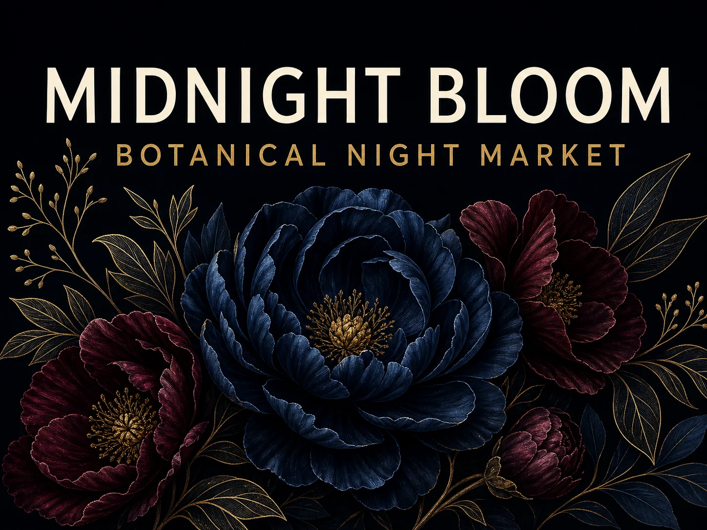 Midnight Bloom botanical poster with exact headline and secondary copy