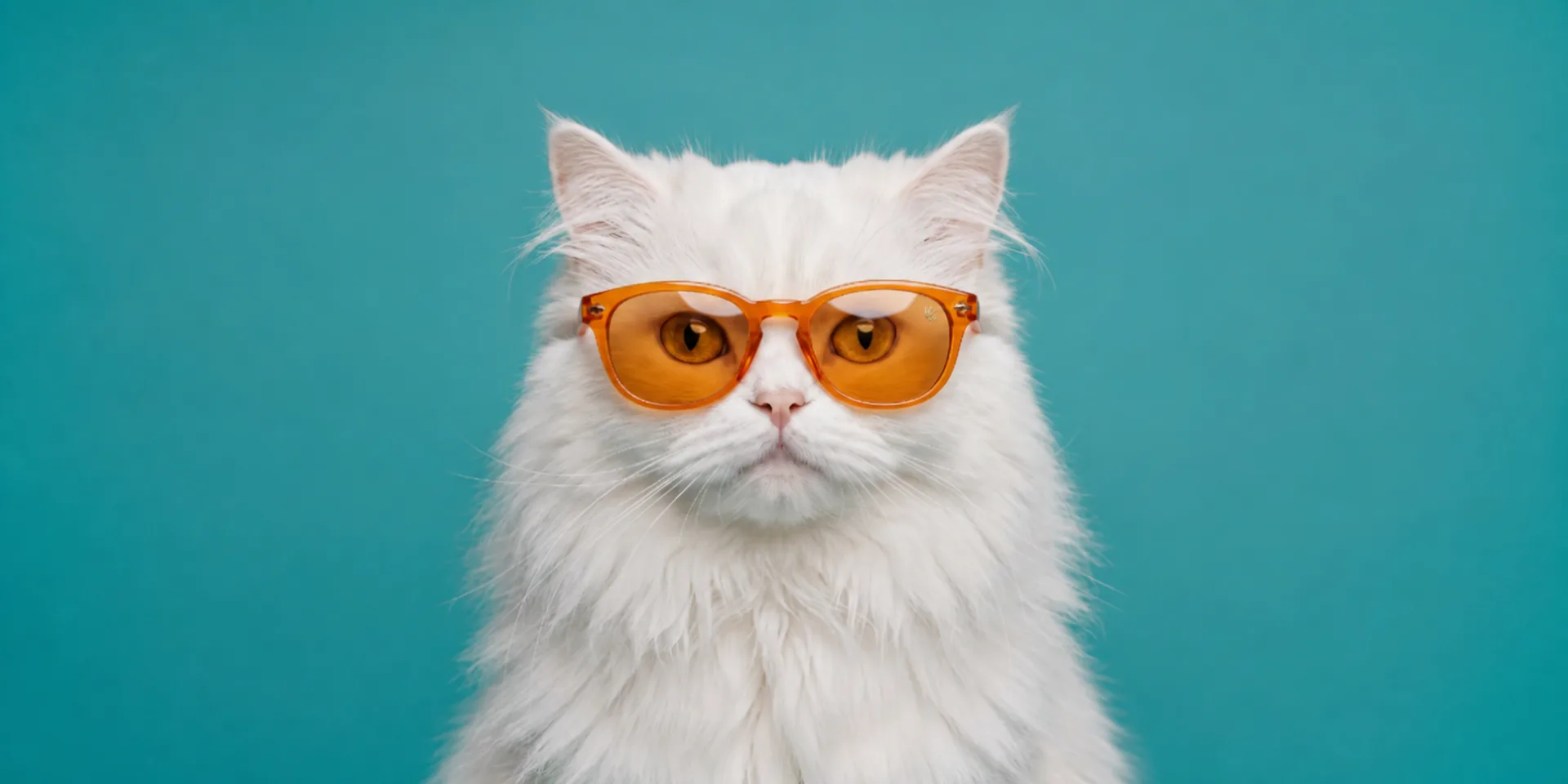 White long-haired cat wearing translucent orange glasses against a turquoise studio background