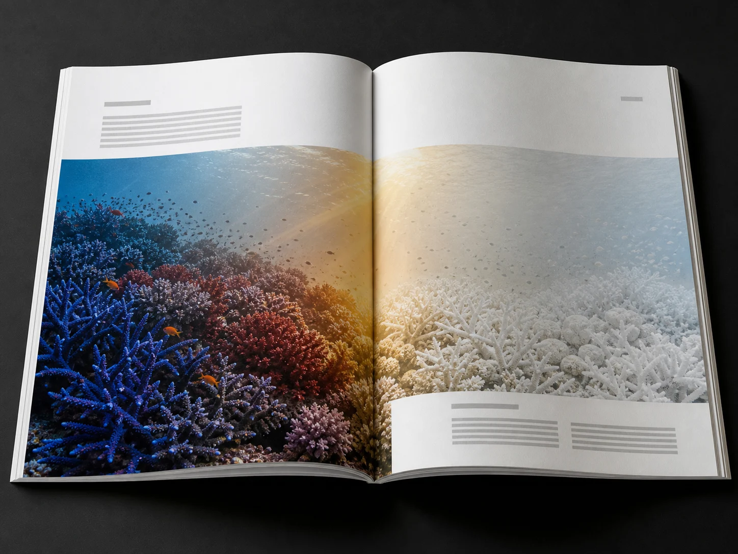 Open magazine spread using a coral bleaching illustration for an editorial story