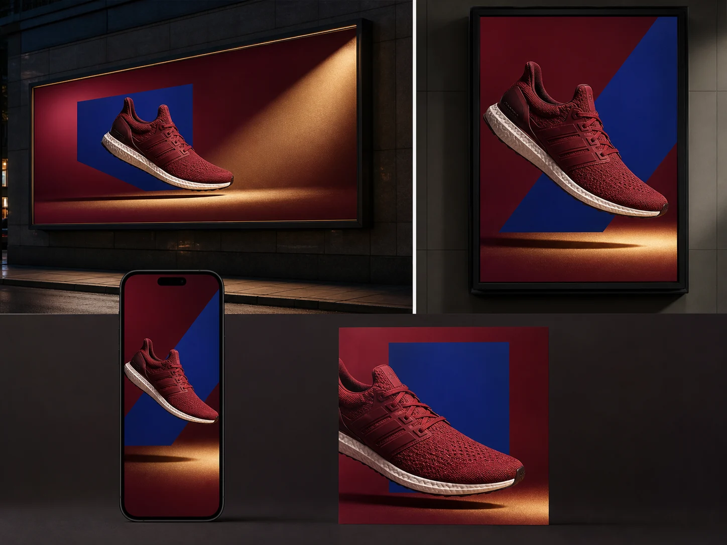 Coordinated crimson running shoe campaign across billboard, poster, phone, and social formats