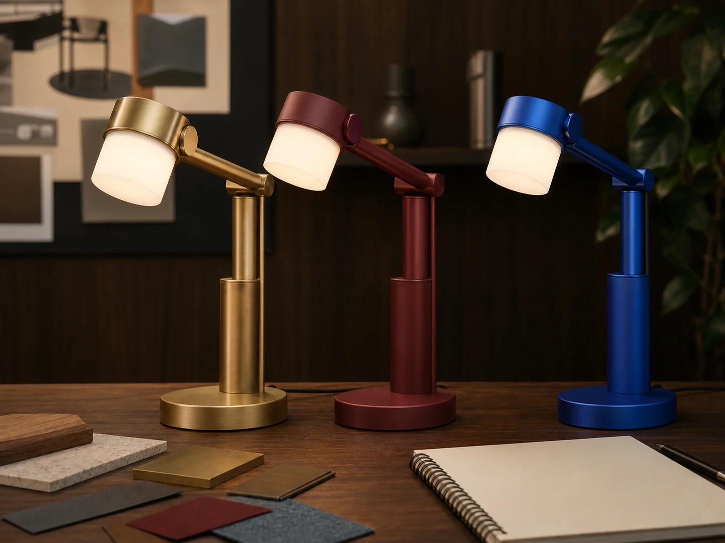 Three matching modular desk lamp concepts in brass, burgundy, and cobalt finishes